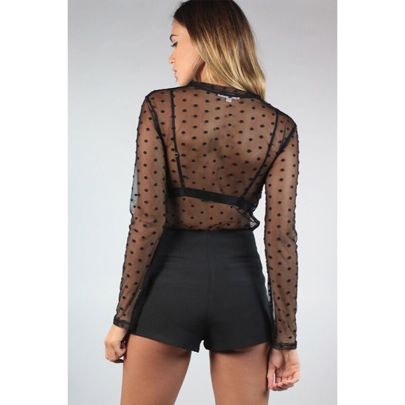 Black Sheer Polka Dot Long Sleeve Top - Picture 5 of 5